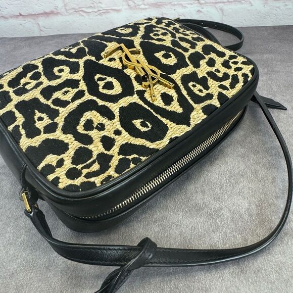 Saint Laurent YSL Raffia Calfskin Leopard Print Monogram Lou Camera Bag Natural - Picture 9 of 16